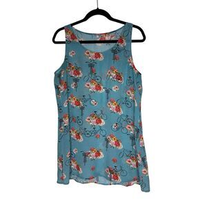 Benares Sleeveless Top in Blue With Vintage Bicycle and Rose Print Size L